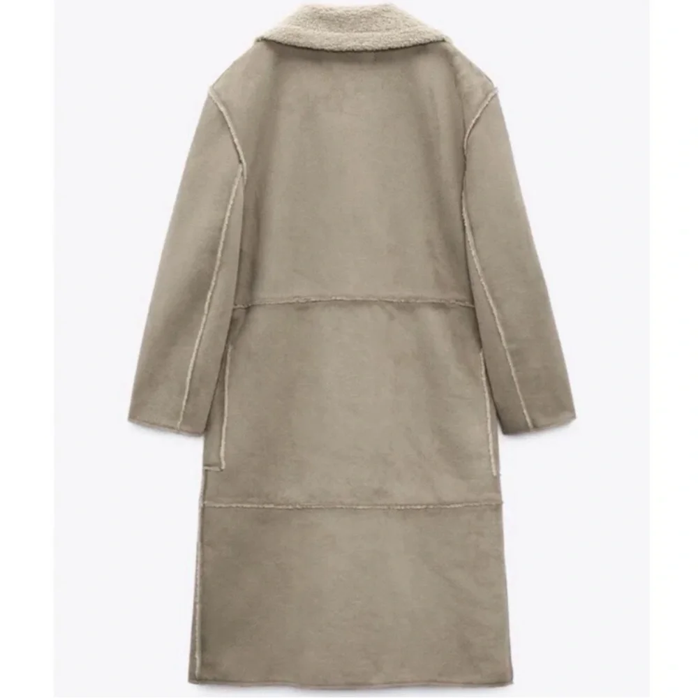 ZARA Contrasting Fleece Suede Long Coat Size Large - Picture 3 of 14